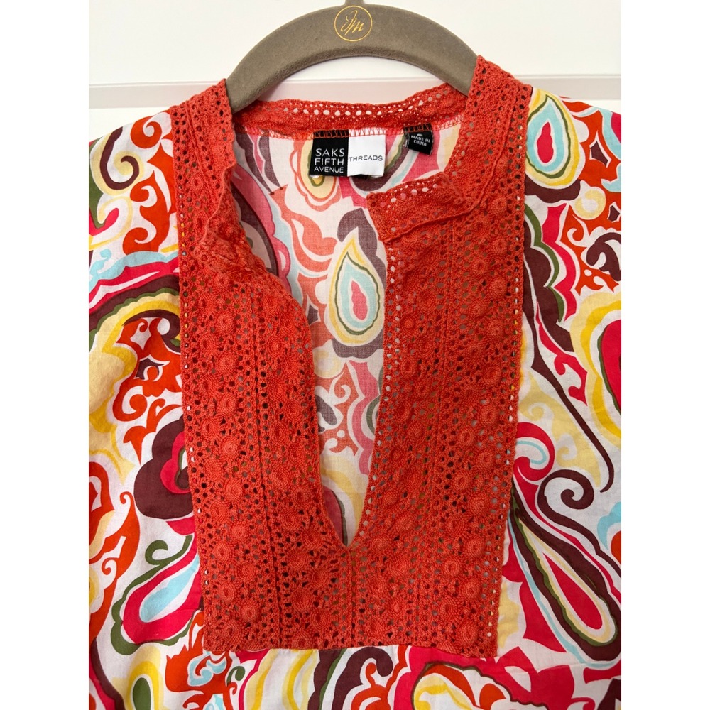 Saks Fifth Avenue Threads Paisley Cotton Tunic Top Crochet V-Neck Orange Large